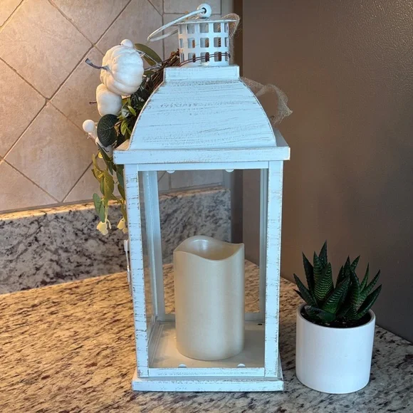 Rustic White Lantern with Greenery and Candle - Picture 5 of 6